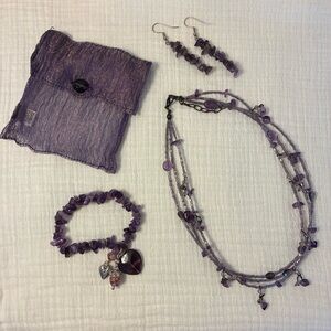 Purple Stone Jewelry Set with Necklace, Bracelet, Earrings, and Pouch